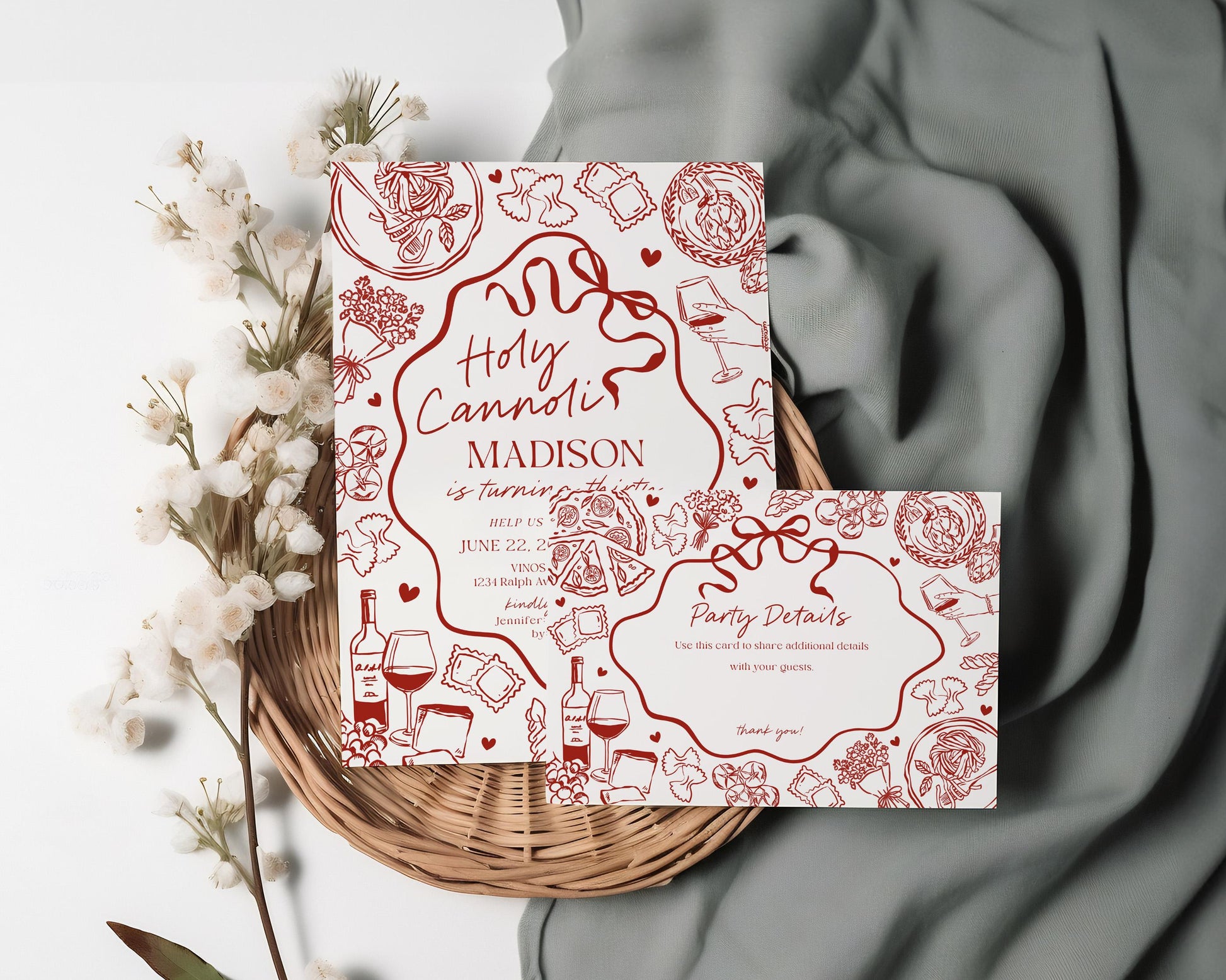 Red Pasta Birthday Invitation Printable Template, Holy Cannoli Birthday Party, Italian Theme Dinner Party Decor WP1085