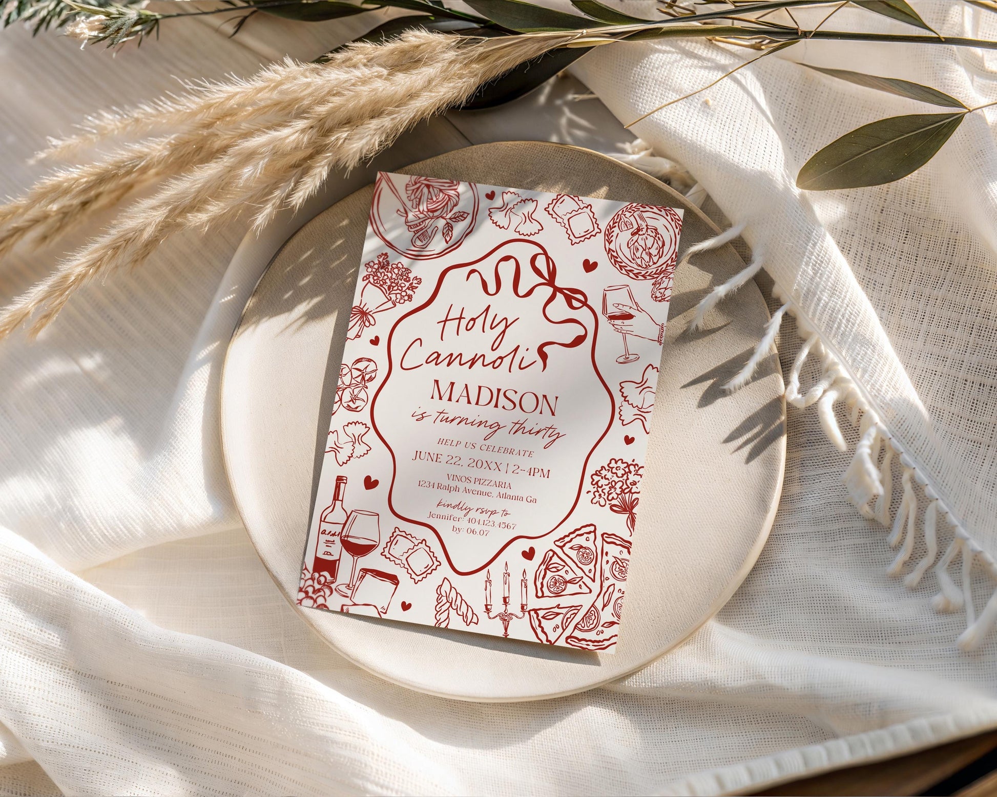 Red Pasta Birthday Invitation Printable Template, Holy Cannoli Birthday Party, Italian Theme Dinner Party Decor WP1085