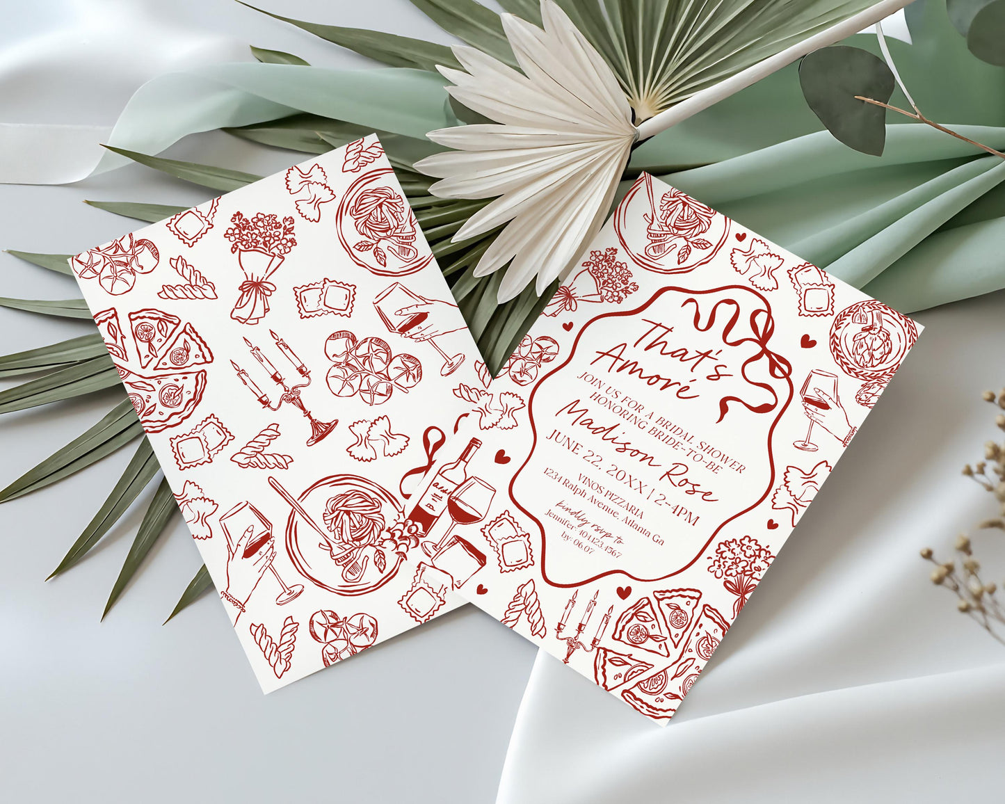 Red Pasta Bridal Shower Invitation Printable Template, That’s Amore Bridal Brunch, Love and Pizza Italian Brunch with the Bride WP1085