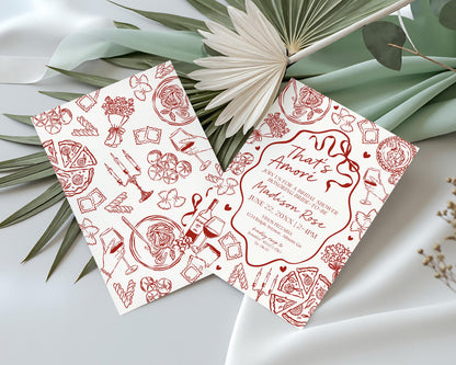 Red Pasta Bridal Shower Invitation Printable Template, That’s Amore Bridal Brunch, Love and Pizza Italian Brunch with the Bride WP1085