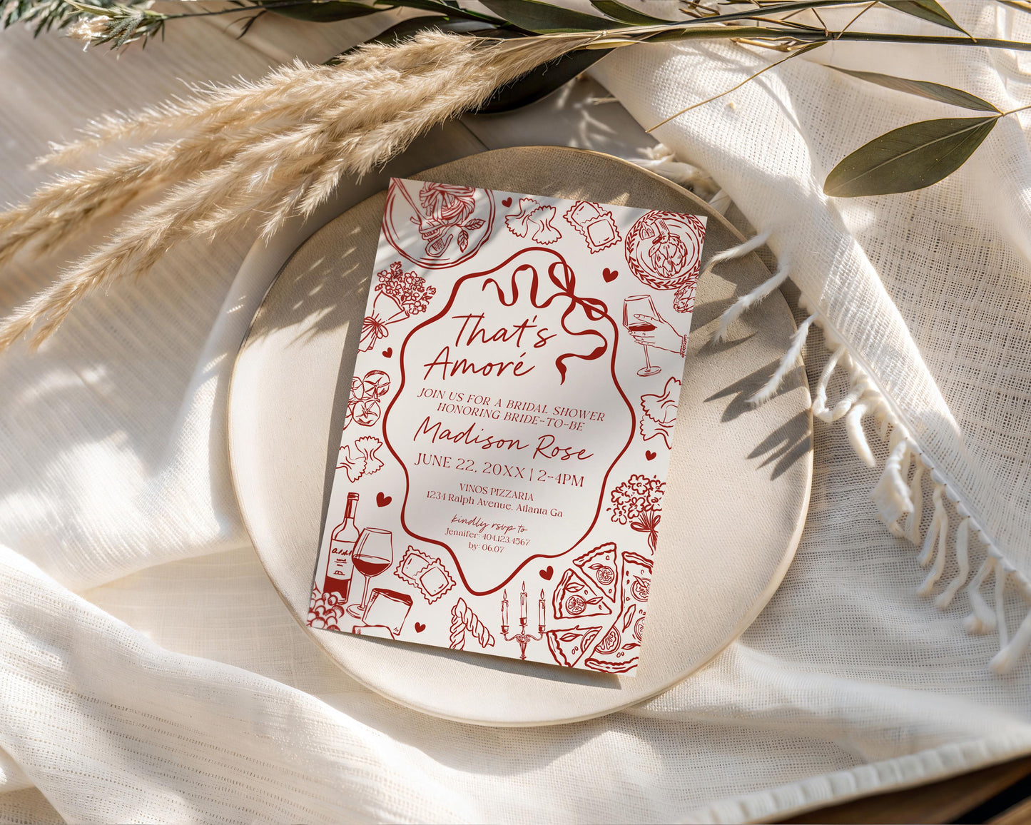Red Pasta Bridal Shower Invitation Printable Template, That’s Amore Bridal Brunch, Love and Pizza Italian Brunch with the Bride WP1085