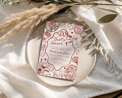 Red Pasta Bridal Shower Invitation Printable Template, That’s Amore Bridal Brunch, Love and Pizza Italian Brunch with the Bride WP1085
