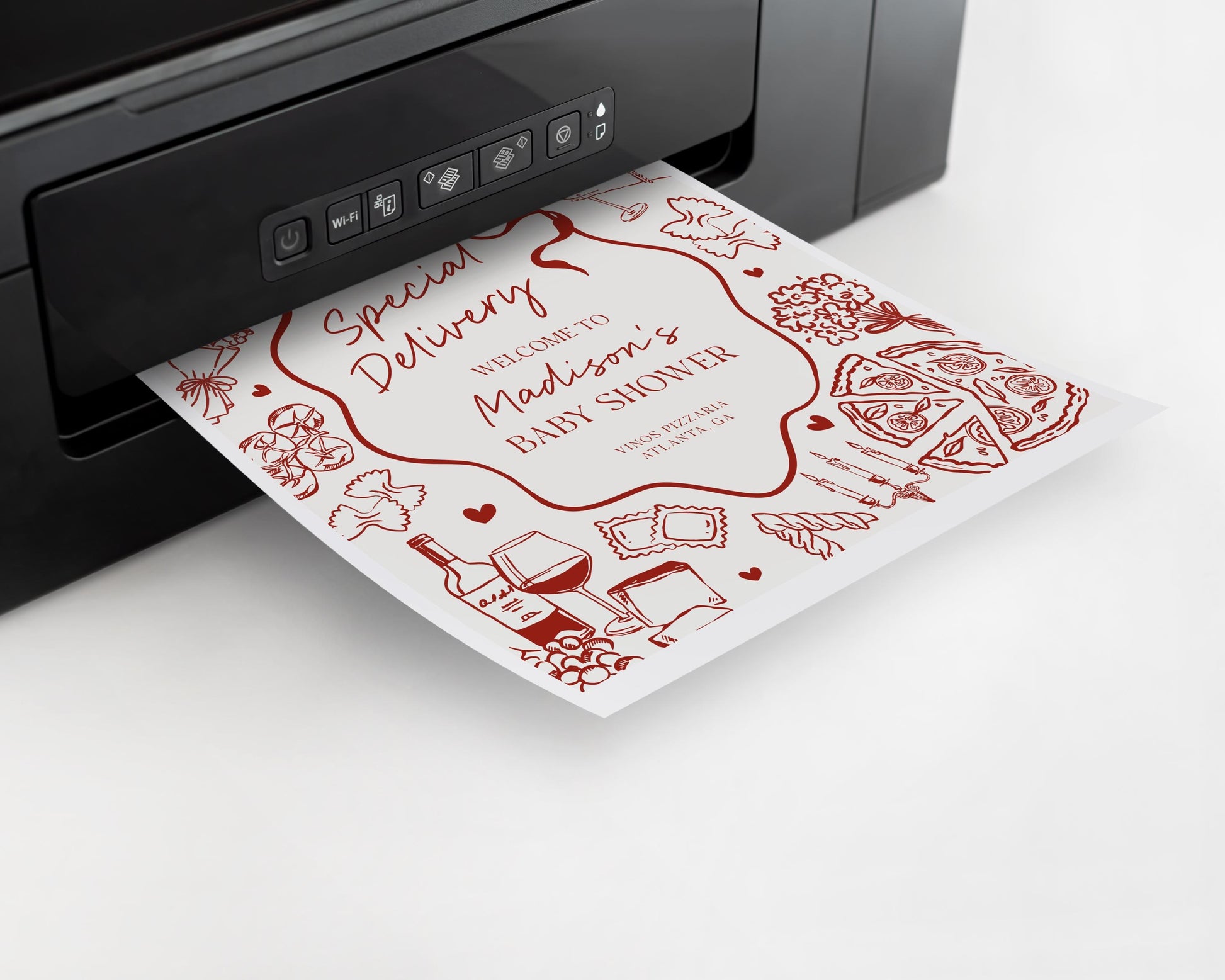 Red Pasta Baby Shower Welcome Sign Printable Template, Special Delivery Ciao Baby Sprinkle, Italian Pasta and Pacifiers WP1085