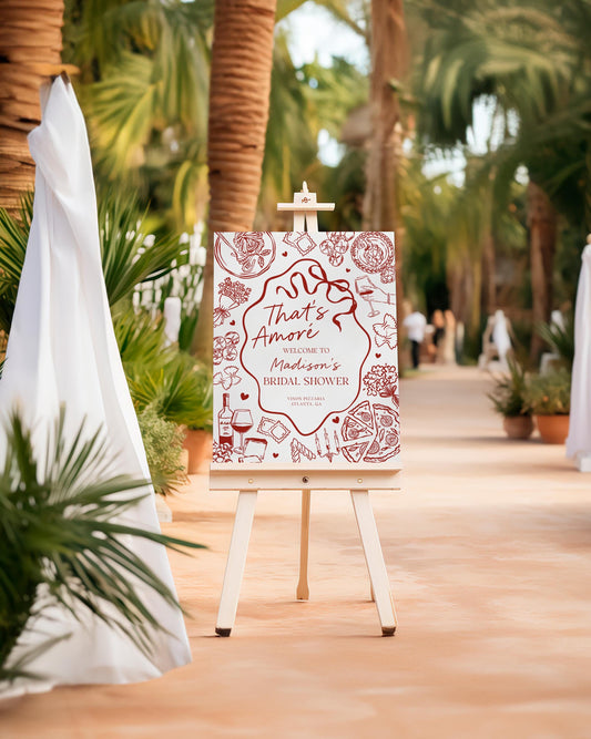 Red Pasta Bridal Shower Welcome Sign Printable Template, That’s Amore Bridal Brunch, Love and Pizza Italian Brunch with the Bride WP1085