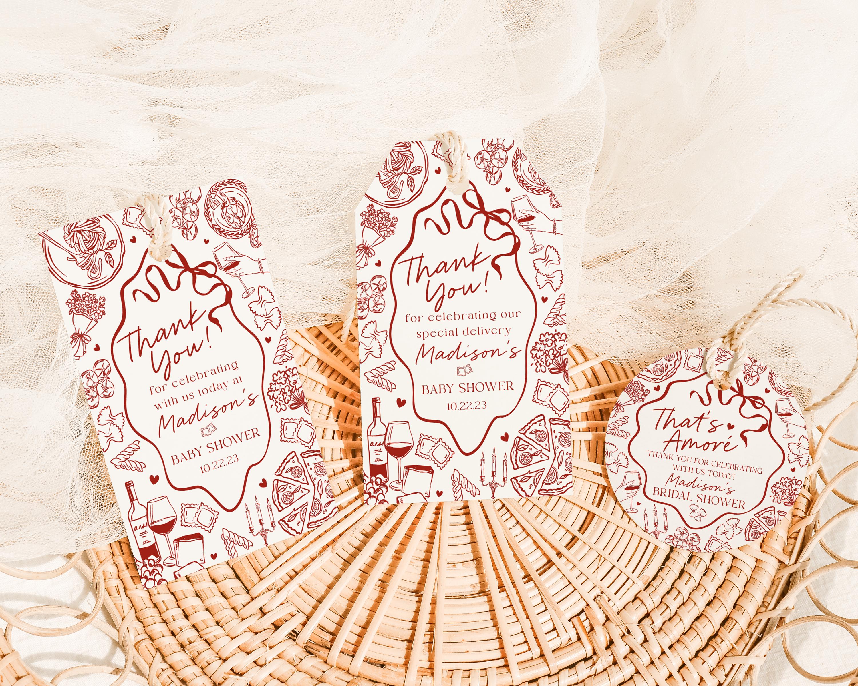 Red Pasta Baby Shower Favor Tags Printable Template, Special Delivery Ciao Baby Sprinkle, Italian Pasta and Pacifiers WP1085