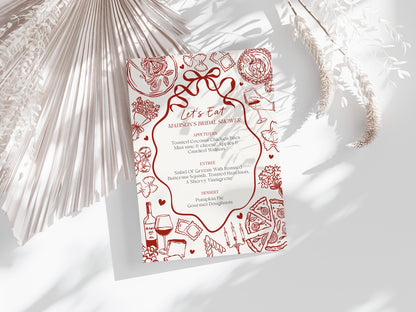 Red Pasta Printable Menu Template, Special Delivery Baby Shower, That’s Amore Bridal Shower, Italian Theme Birthday Party WP1085