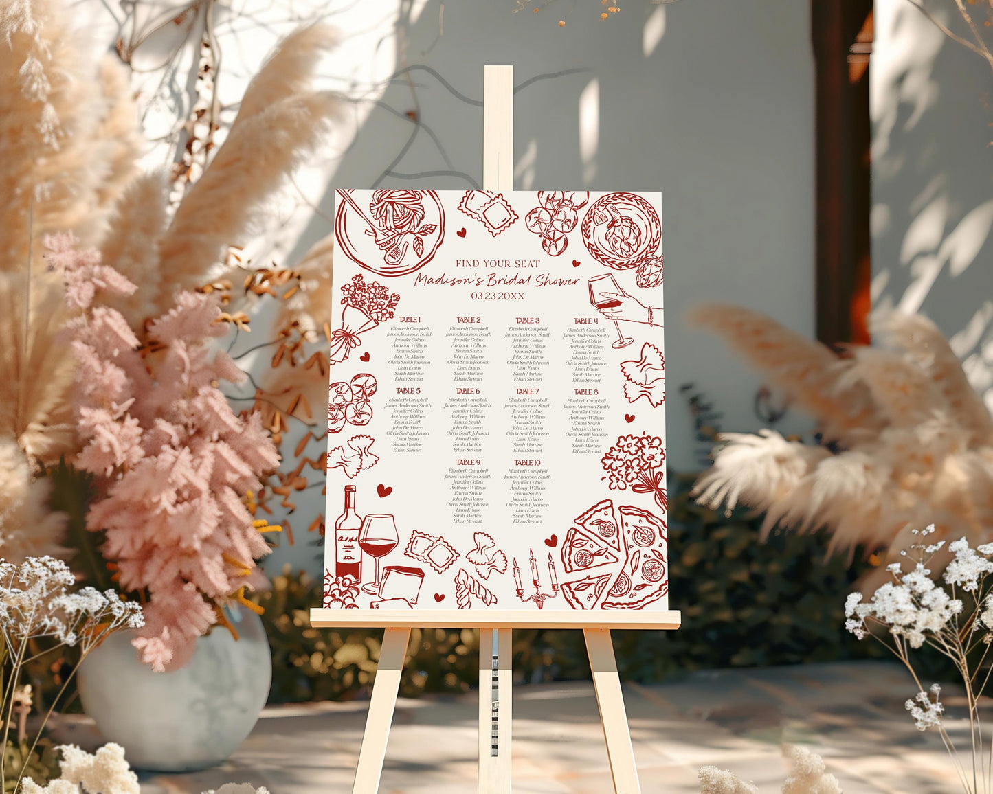 Red Pasta Wedding Seating Chart Poster Printable Template, Special Delivery Baby Shower, That’s Amore Bridal Shower, Italian Birthday WP1085
