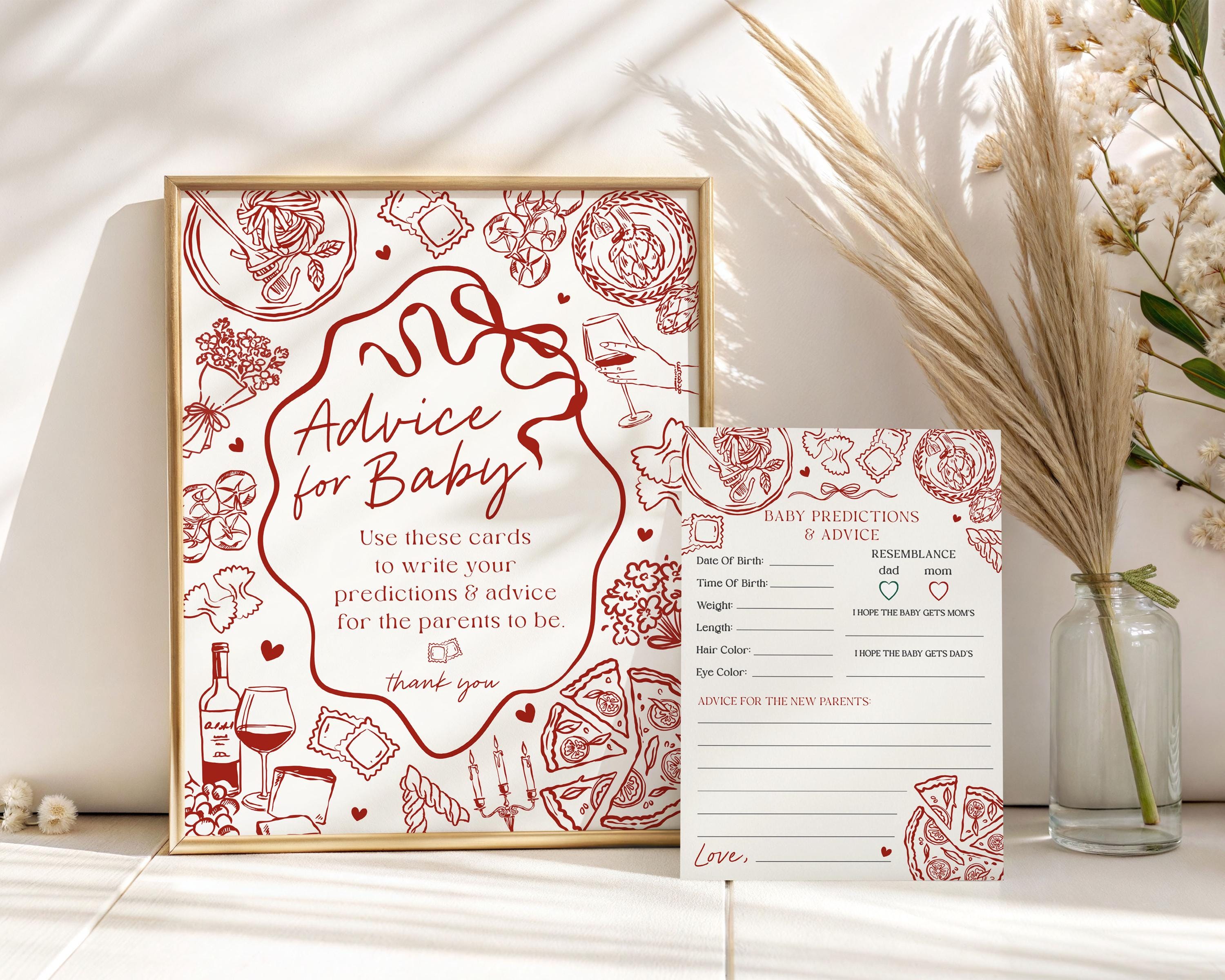 Red Pasta Advice for Baby Cards Printable Template, Special Delivery Ciao Baby Sprinkle, Italian Pasta and Pacifiers WP1085