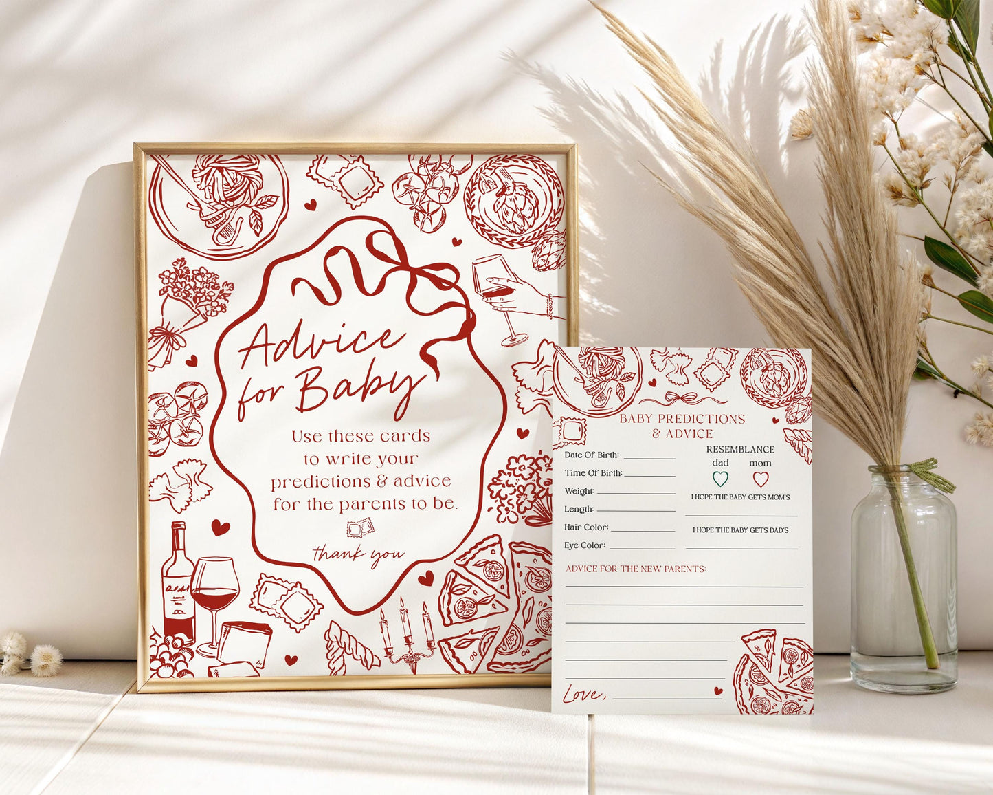 Red Pasta Advice for Baby Cards Printable Template, Special Delivery Ciao Baby Sprinkle, Italian Pasta and Pacifiers WP1085