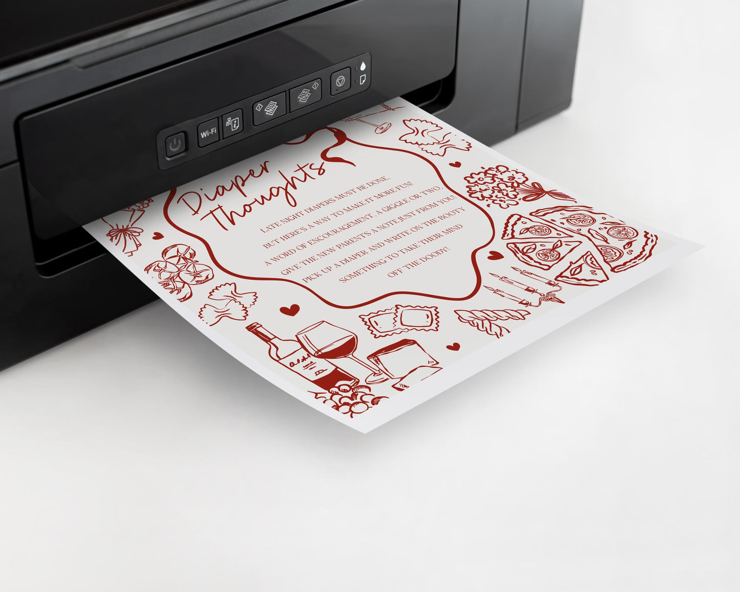 Red Pasta Baby Shower Diaper Thoughts Sign Template, Special Delivery Ciao Baby Sprinkle, Italian Pasta and Pacifiers WP1085