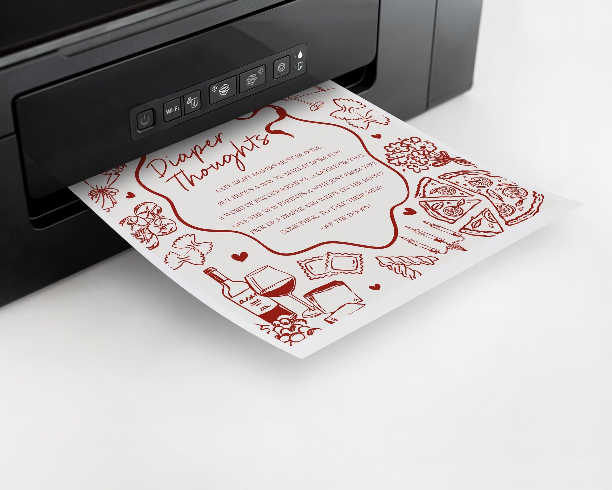 Red Pasta Baby Shower Diaper Thoughts Sign Template, Special Delivery Ciao Baby Sprinkle, Italian Pasta and Pacifiers WP1085