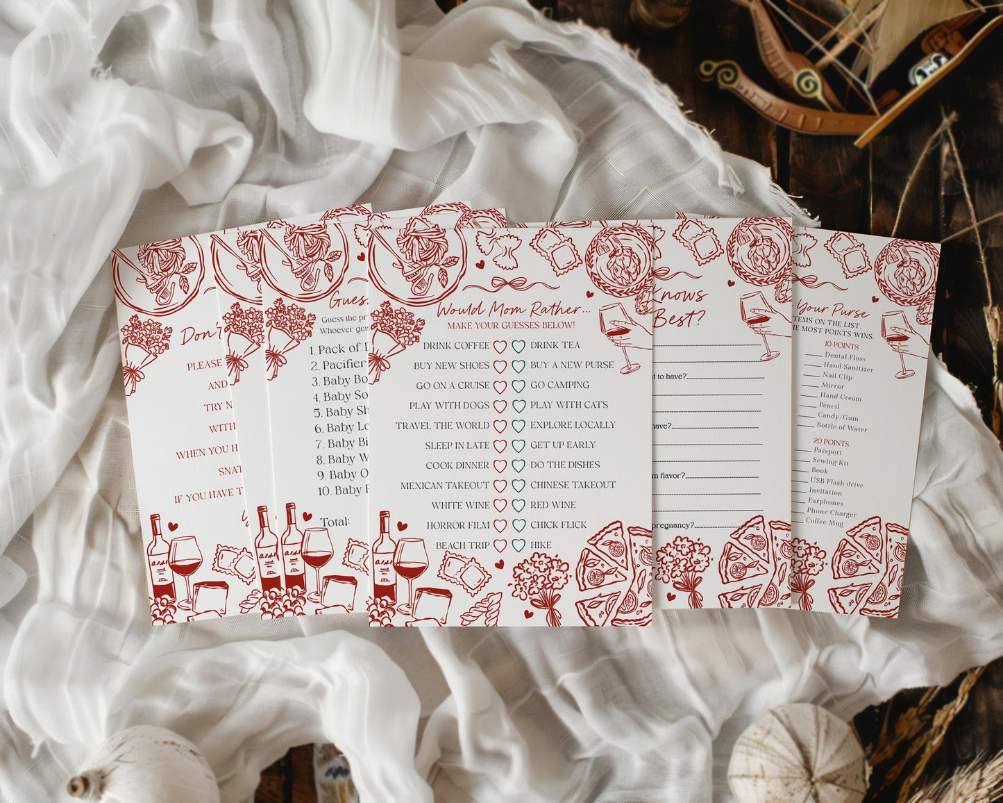 Red Pasta Baby Shower Games Set Printable Template, Special Delivery Ciao Baby Sprinkle, Italian Pasta and Pacifiers WP1085