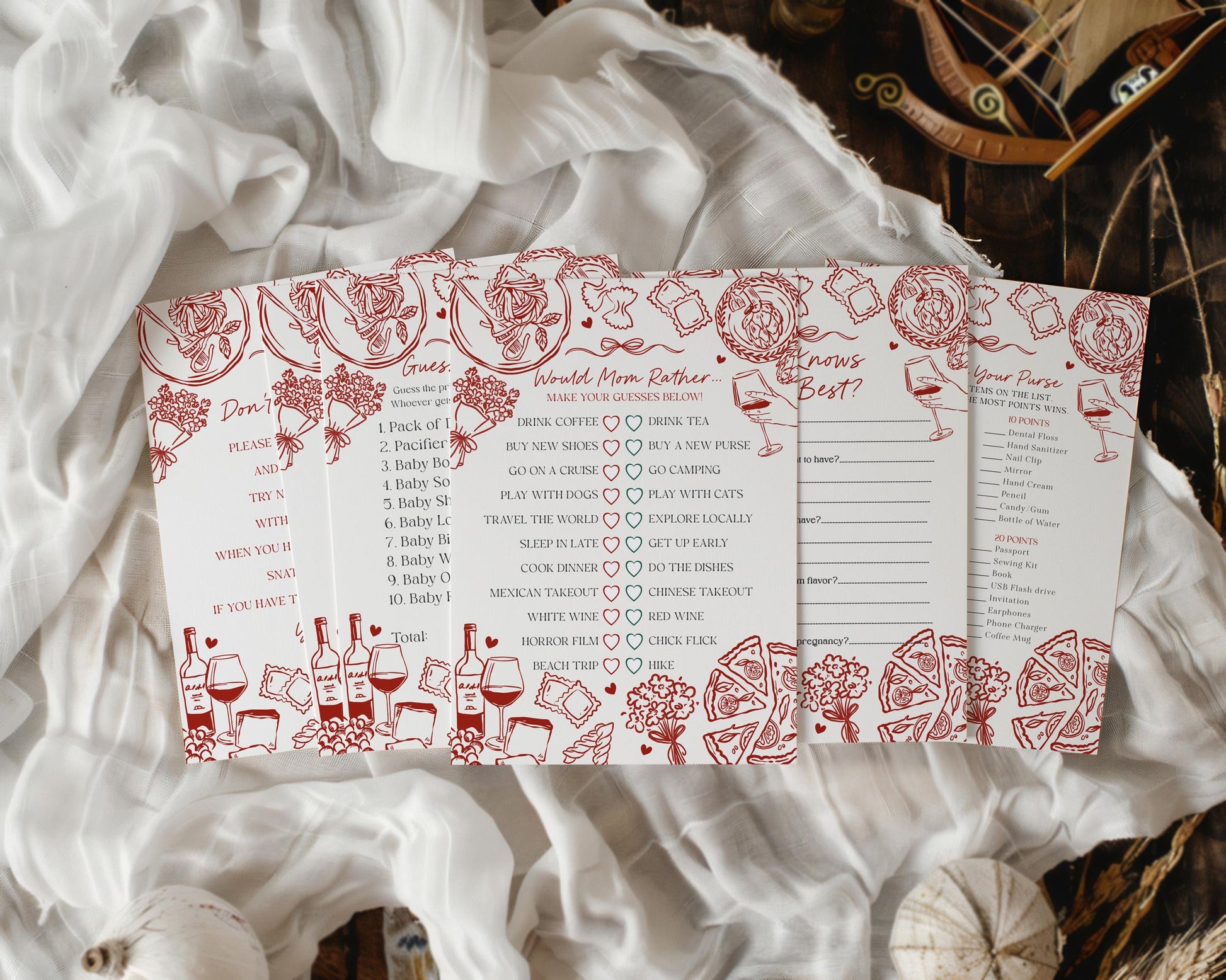 Red Pasta Baby Shower Games Set Printable Template, Special Delivery Ciao Baby Sprinkle, Italian Pasta and Pacifiers WP1085