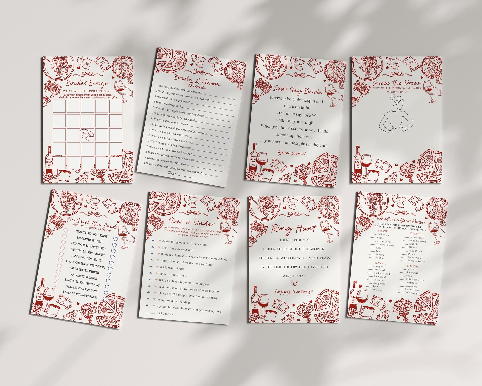 Red Pasta Bridal Shower Games Set Printable Template, That’s Amore Bridal Brunch, Love and Pizza Italian Brunch with the Bride WP1085
