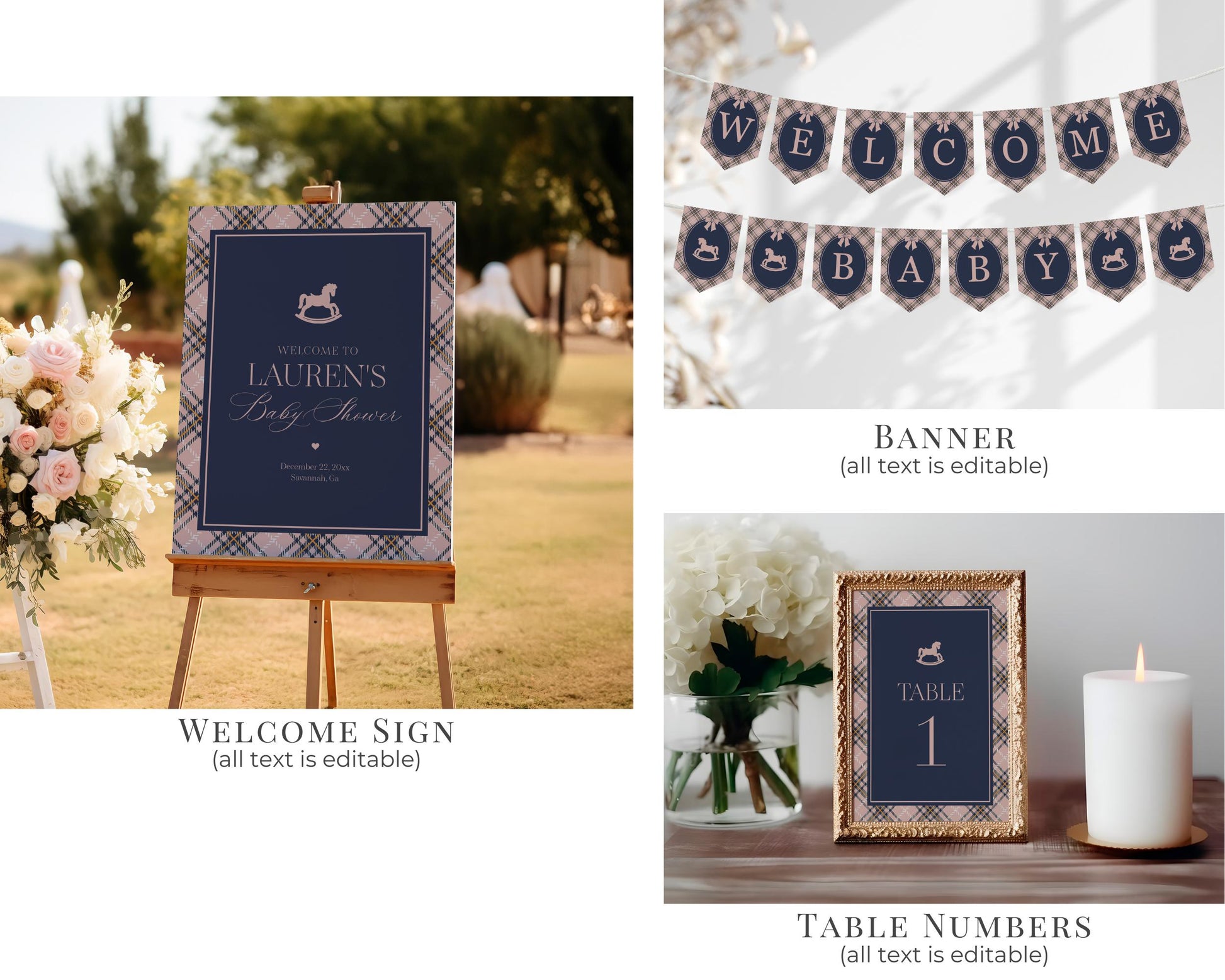 Classic Rocking Horse Baby Shower Bundle Printable Template, Pink Tartan Plaid Baby Sprinkle, Old Money Style Brunch with Mom to Be WP1088