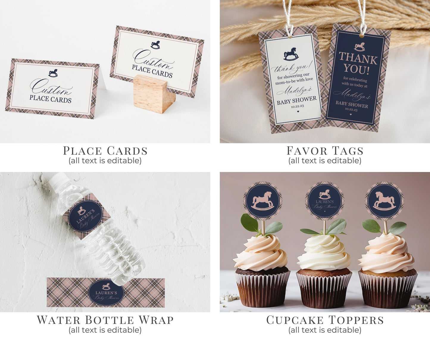 Classic Rocking Horse Baby Shower Bundle Printable Template, Pink Tartan Plaid Baby Sprinkle, Old Money Style Brunch with Mom to Be WP1088