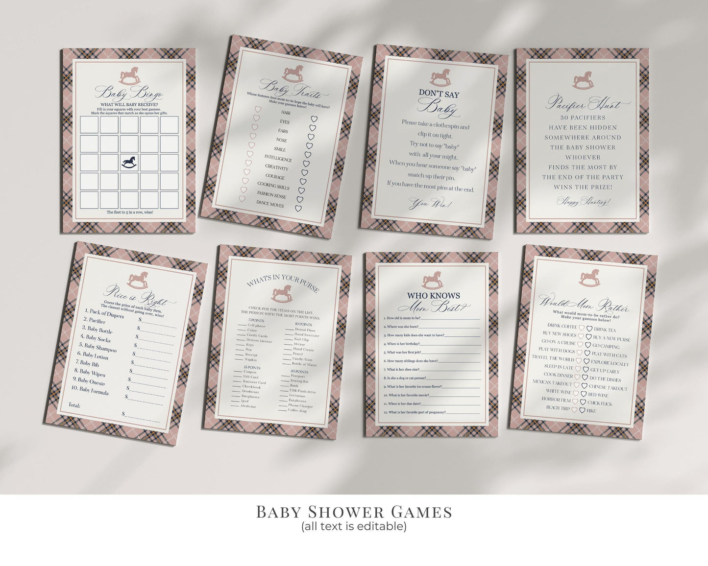 Classic Rocking Horse Baby Shower Bundle Printable Template, Pink Tartan Plaid Baby Sprinkle, Old Money Style Brunch with Mom to Be WP1088