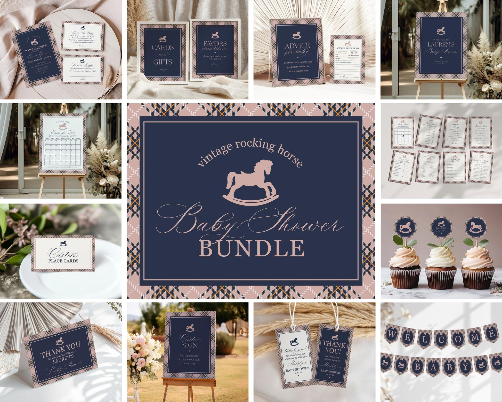 Classic Rocking Horse Baby Shower Bundle Printable Template, Pink Tartan Plaid Baby Sprinkle, Old Money Style Brunch with Mom to Be WP1088