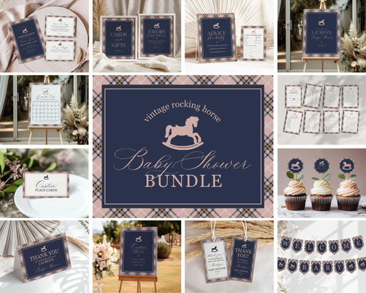 Classic Rocking Horse Baby Shower Bundle Printable Template, Pink Tartan Plaid Baby Sprinkle, Old Money Style Brunch with Mom to Be WP1088