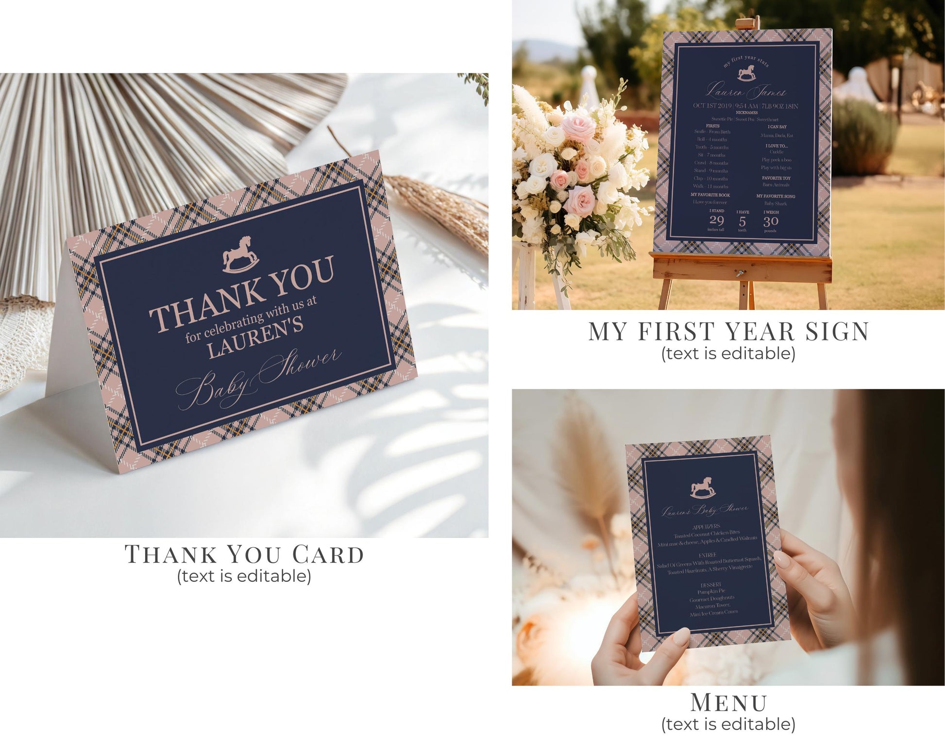 Classic Rocking Horse 1st Birthday Bundle Printable Template, Pink Tartan Plaid First Birthday Party, Old Money Style Bday Party WP1088