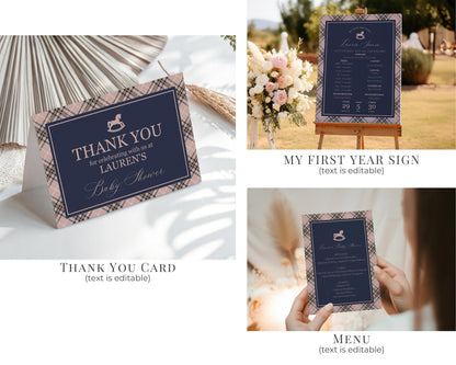 Classic Rocking Horse 1st Birthday Bundle Printable Template, Pink Tartan Plaid First Birthday Party, Old Money Style Bday Party WP1088