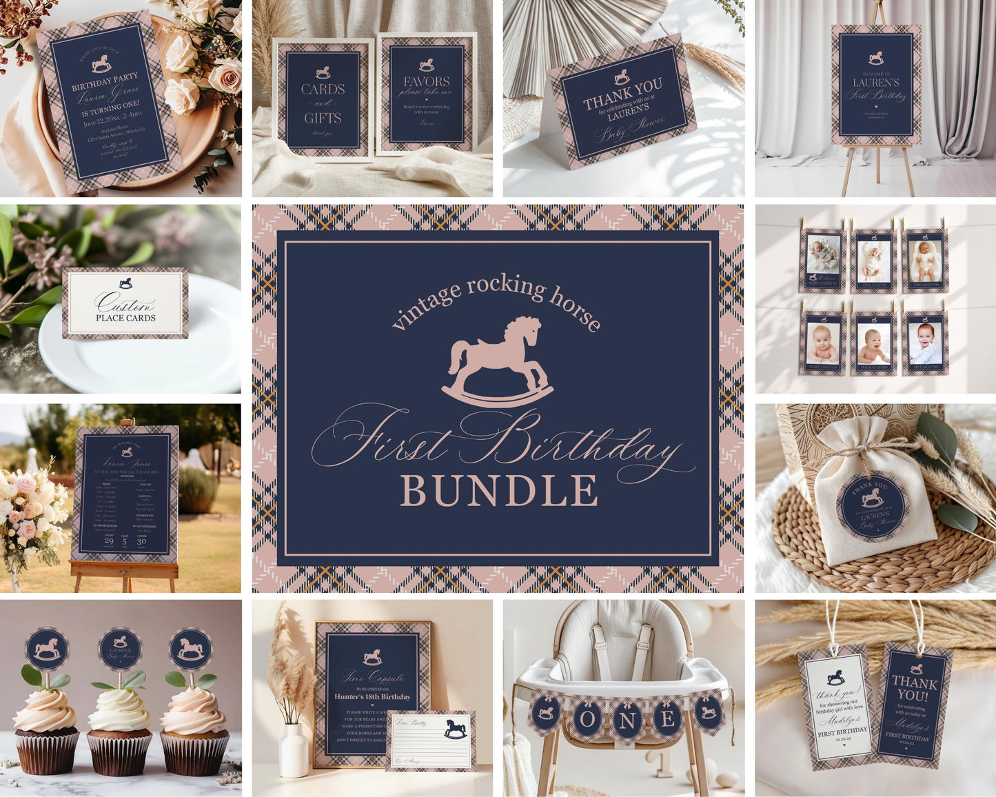 Classic Rocking Horse 1st Birthday Bundle Printable Template, Pink Tartan Plaid First Birthday Party, Old Money Style Bday Party WP1088