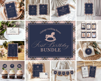 Classic Rocking Horse 1st Birthday Bundle Printable Template, Pink Tartan Plaid First Birthday Party, Old Money Style Bday Party WP1088