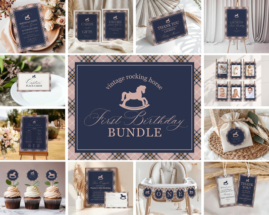 Classic Rocking Horse 1st Birthday Bundle Printable Template, Pink Tartan Plaid First Birthday Party, Old Money Style Bday Party WP1088