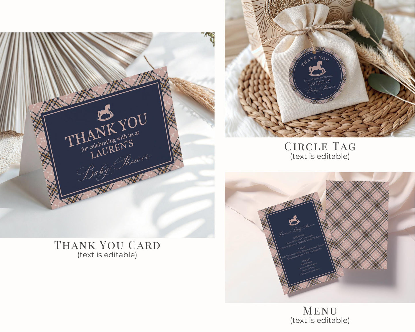 Classic Rocking Horse Birthday Bundle Printable Template, Pink Tartan Plaid Kids Birthday Party, Old Money Timeless Bday Celebration WP1088