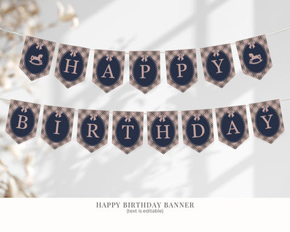 Classic Rocking Horse Birthday Bundle Printable Template, Pink Tartan Plaid Kids Birthday Party, Old Money Timeless Bday Celebration WP1088