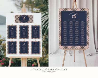 Classic Rocking Horse Birthday Bundle Printable Template, Pink Tartan Plaid Kids Birthday Party, Old Money Timeless Bday Celebration WP1088