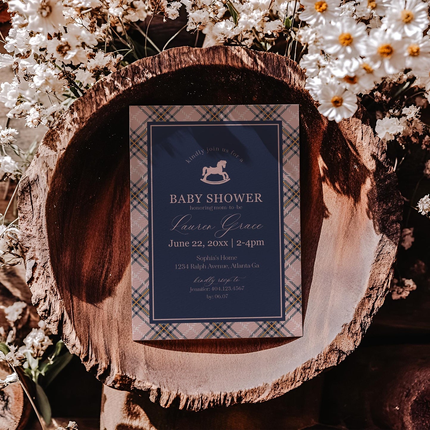 Classic Rocking Horse Baby Shower Invitation Printable Template, Pink Tartan Plaid Baby Sprinkle, Old Money Style Brunch with Mom WP1088