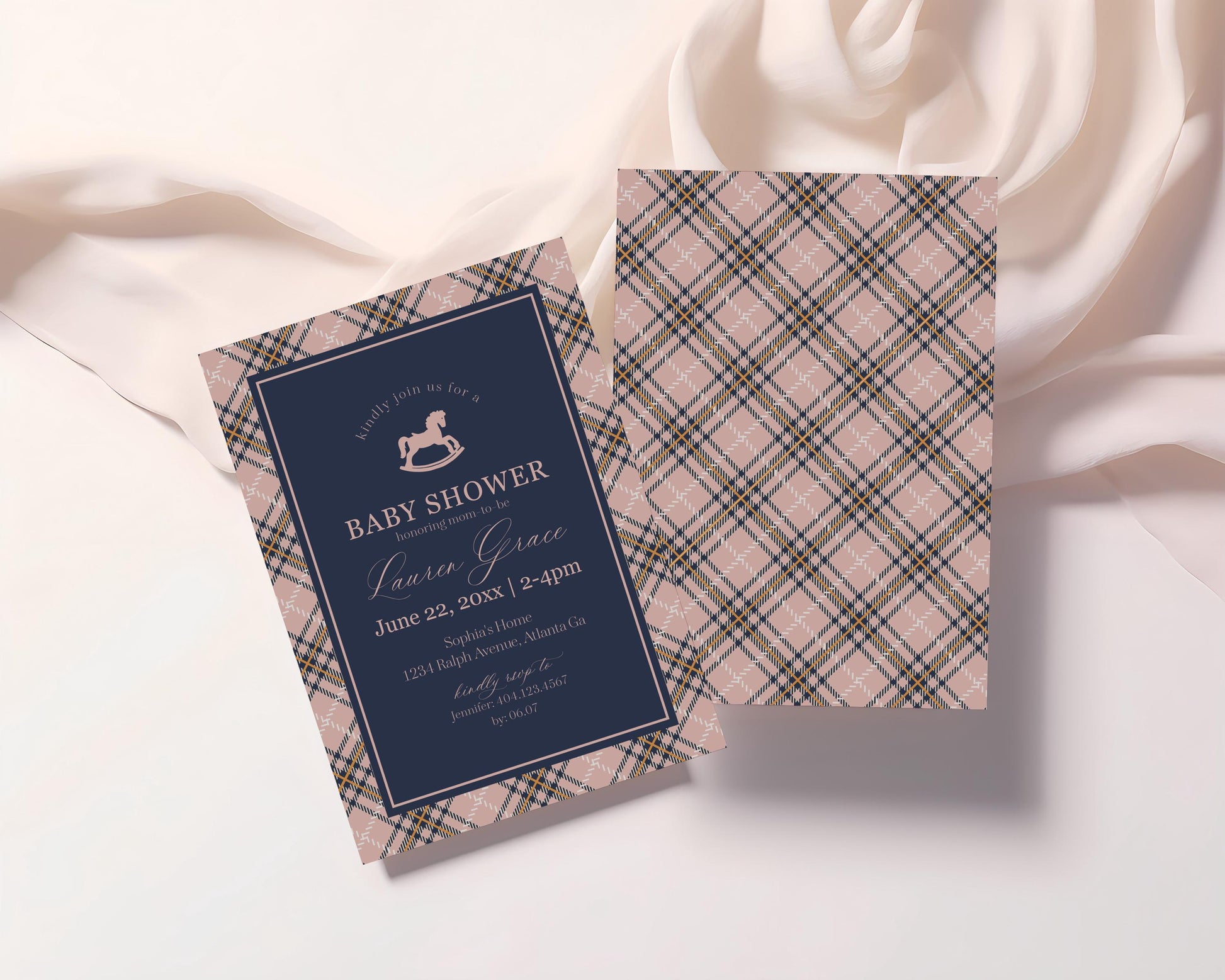 Classic Rocking Horse Baby Shower Invitation Printable Template, Pink Tartan Plaid Baby Sprinkle, Old Money Style Brunch with Mom WP1088