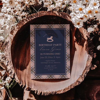 Classic Rocking Horse Birthday Invite Printable Template, Pink Tartan Plaid First Birthday Party, Old Money Timeless Bday Celebration WP1088