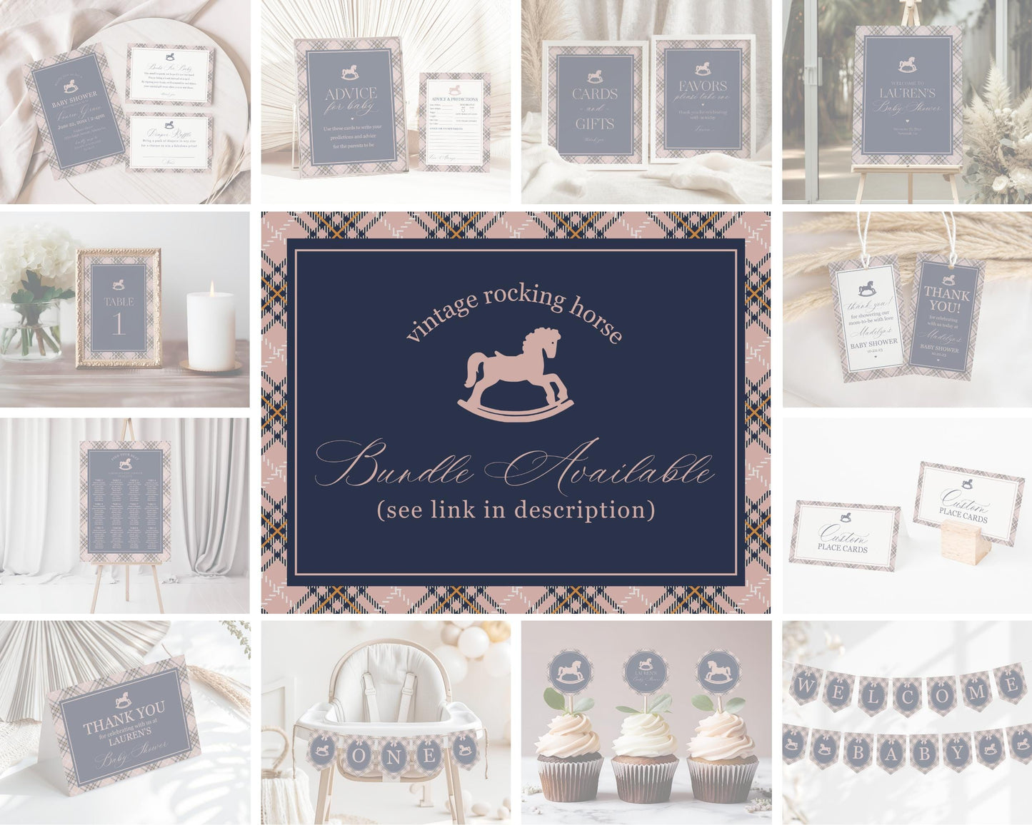 Classic Rocking Horse Baby Shower Welcome Sign Template, Pink Tartan Plaid Baby Sprinkle, Old Money Style Brunch with Mom to Be WP1088