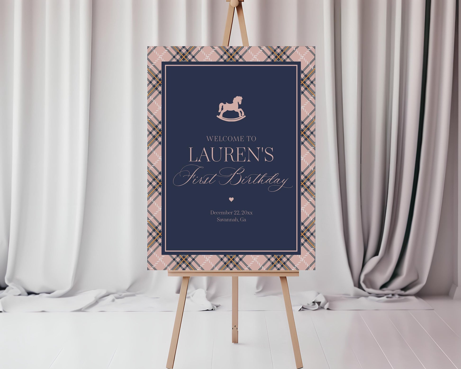 Classic Rocking Horse Birthday Party Welcome Sign Template, Pink Tartan Plaid First Birthday Party, Old Money Timeless Bday Party WP1088