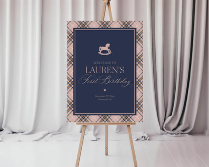 Classic Rocking Horse Birthday Party Welcome Sign Template, Pink Tartan Plaid First Birthday Party, Old Money Timeless Bday Party WP1088