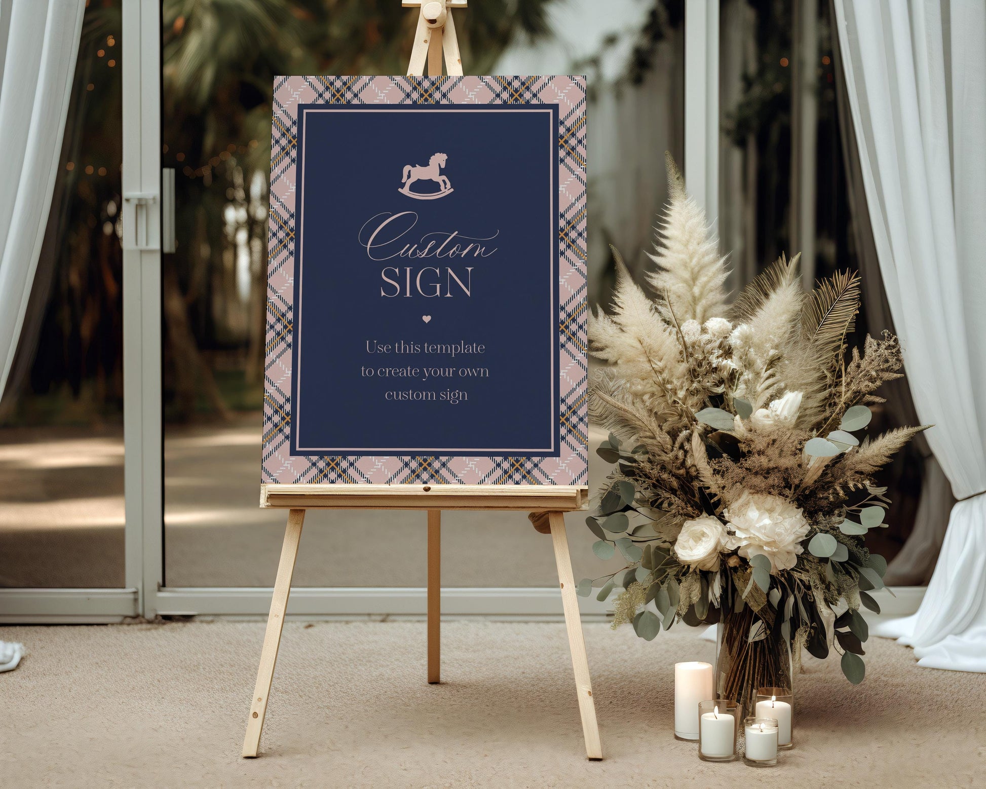 Classic Rocking Horse Custom Sign Template, Pink Tartan Plaid Baby Shower, Old Money Timeless First Birthday Party WP1088