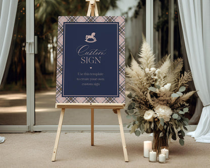 Classic Rocking Horse Custom Sign Template, Pink Tartan Plaid Baby Shower, Old Money Timeless First Birthday Party WP1088