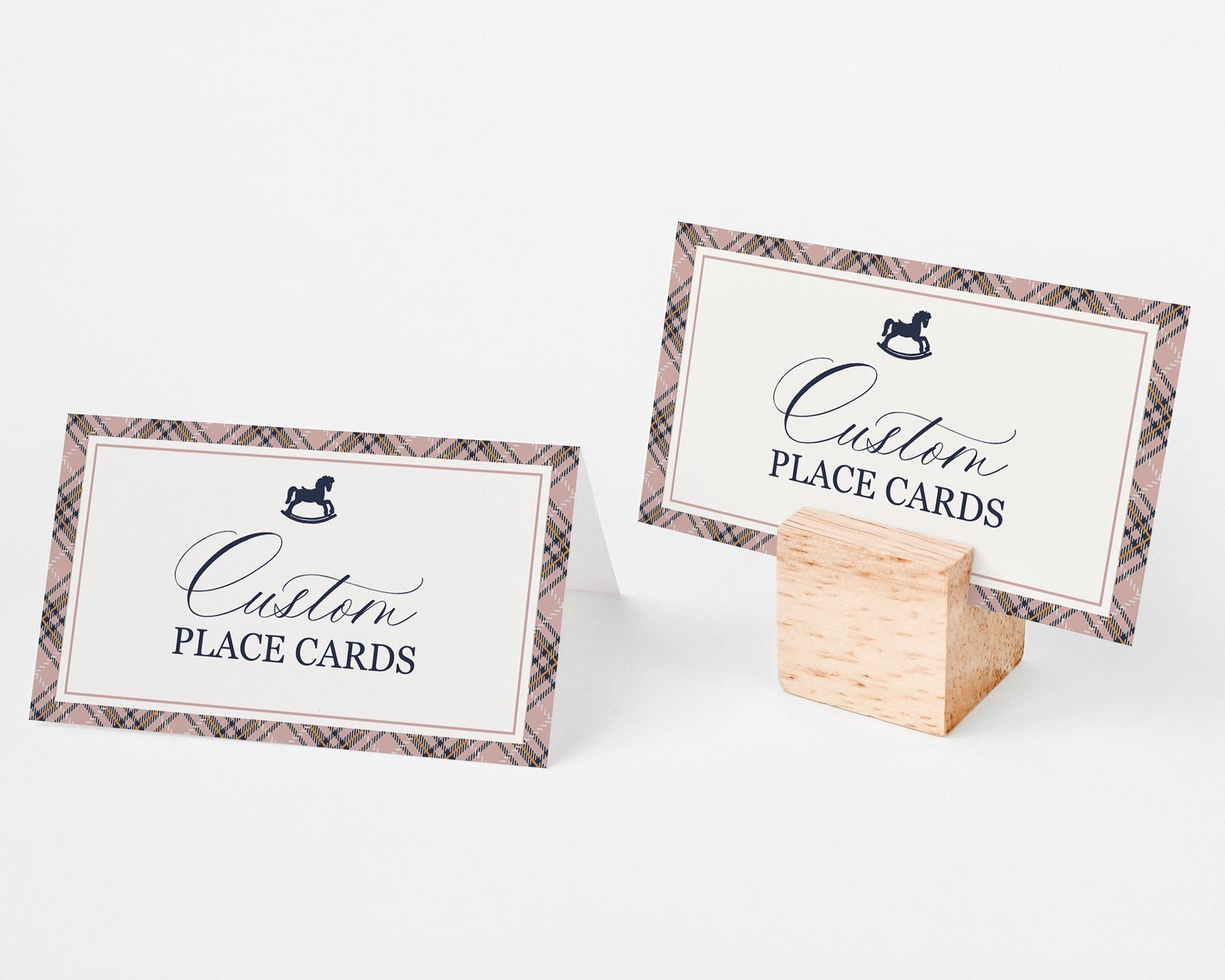 Classic Rocking Horse Place Cards Template, Pink Tartan Plaid Baby Shower, Old Money Timeless First Birthday Party WP1088