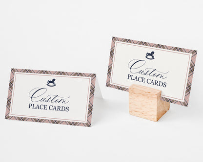 Classic Rocking Horse Place Cards Template, Pink Tartan Plaid Baby Shower, Old Money Timeless First Birthday Party WP1088