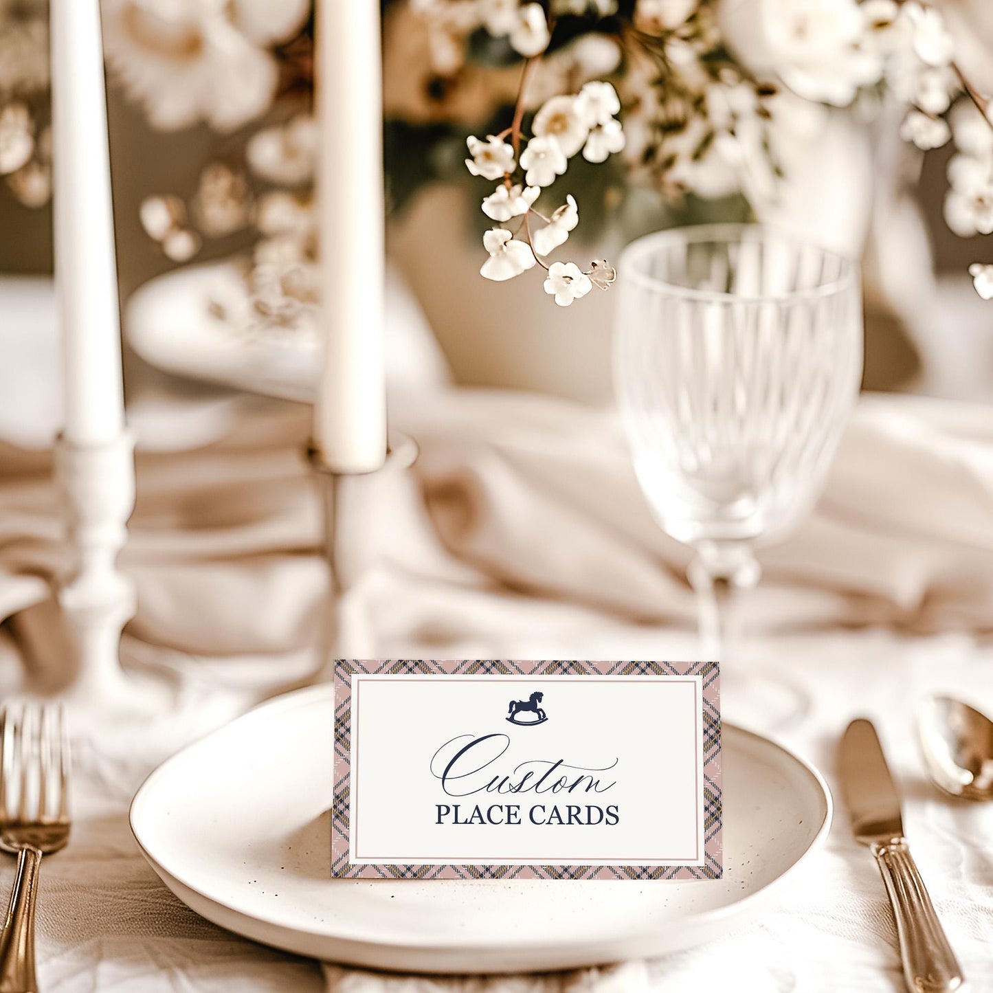 Classic Rocking Horse Place Cards Template, Pink Tartan Plaid Baby Shower, Old Money Timeless First Birthday Party WP1088