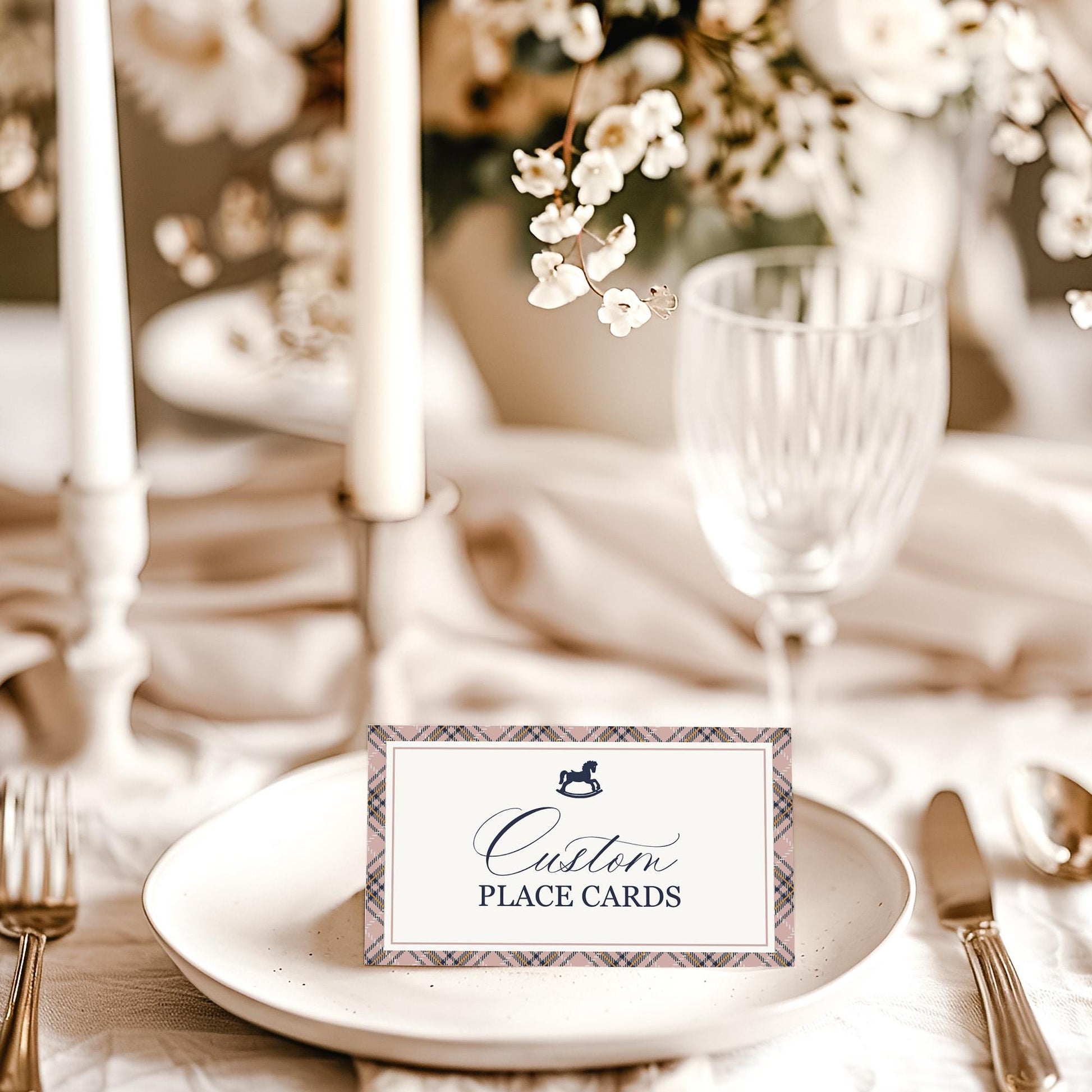 Classic Rocking Horse Place Cards Template, Pink Tartan Plaid Baby Shower, Old Money Timeless First Birthday Party WP1088