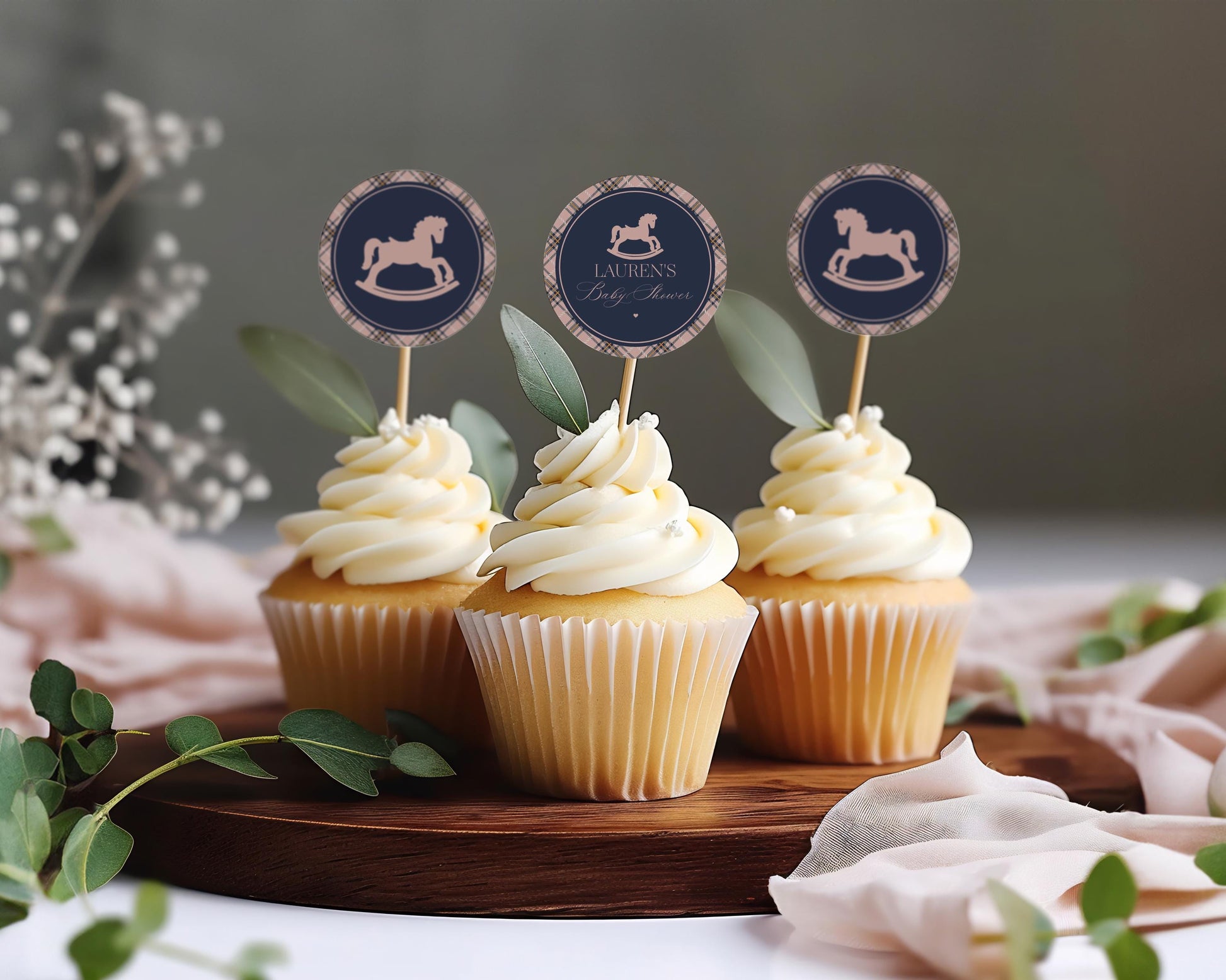Classic Rocking Horse Cupcake Toppers Template, Pink Tartan Plaid Baby Shower, Old Money Timeless First Birthday Party WP1088