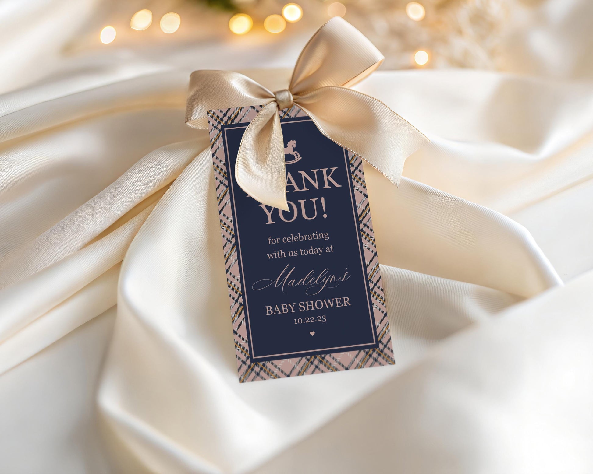 Classic Rocking Horse Baby Shower Favor Tags Template, Pink Tartan Plaid Baby Sprinkle, Old Money Style Brunch with Mom to Be WP1088