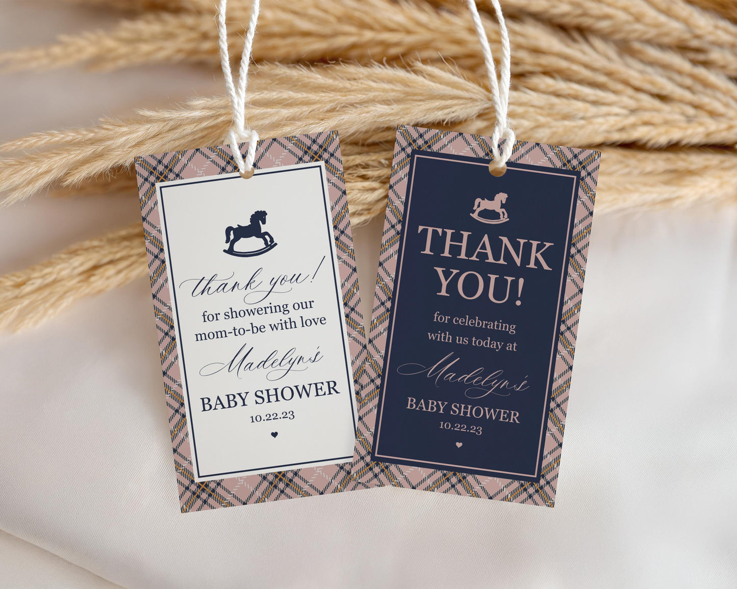 Classic Rocking Horse Baby Shower Favor Tags Template, Pink Tartan Plaid Baby Sprinkle, Old Money Style Brunch with Mom to Be WP1088