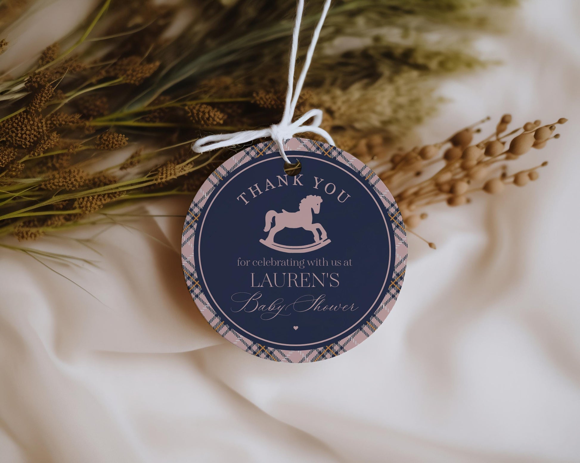 Classic Rocking Horse Baby Shower Favor Tags Template, Pink Tartan Plaid Baby Sprinkle, Old Money Style Brunch with Mom to Be WP1088