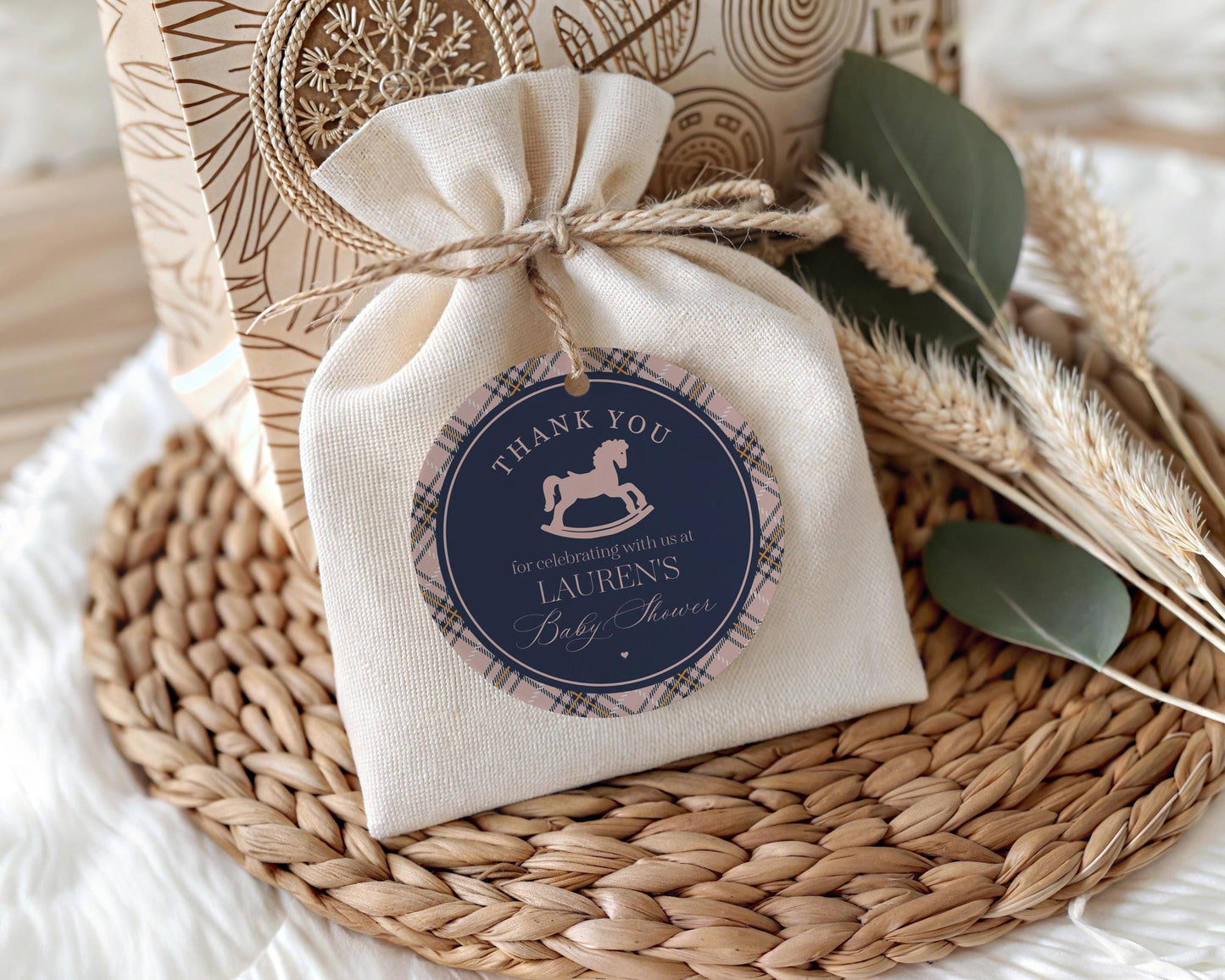 Classic Rocking Horse Baby Shower Favor Tags Template, Pink Tartan Plaid Baby Sprinkle, Old Money Style Brunch with Mom to Be WP1088