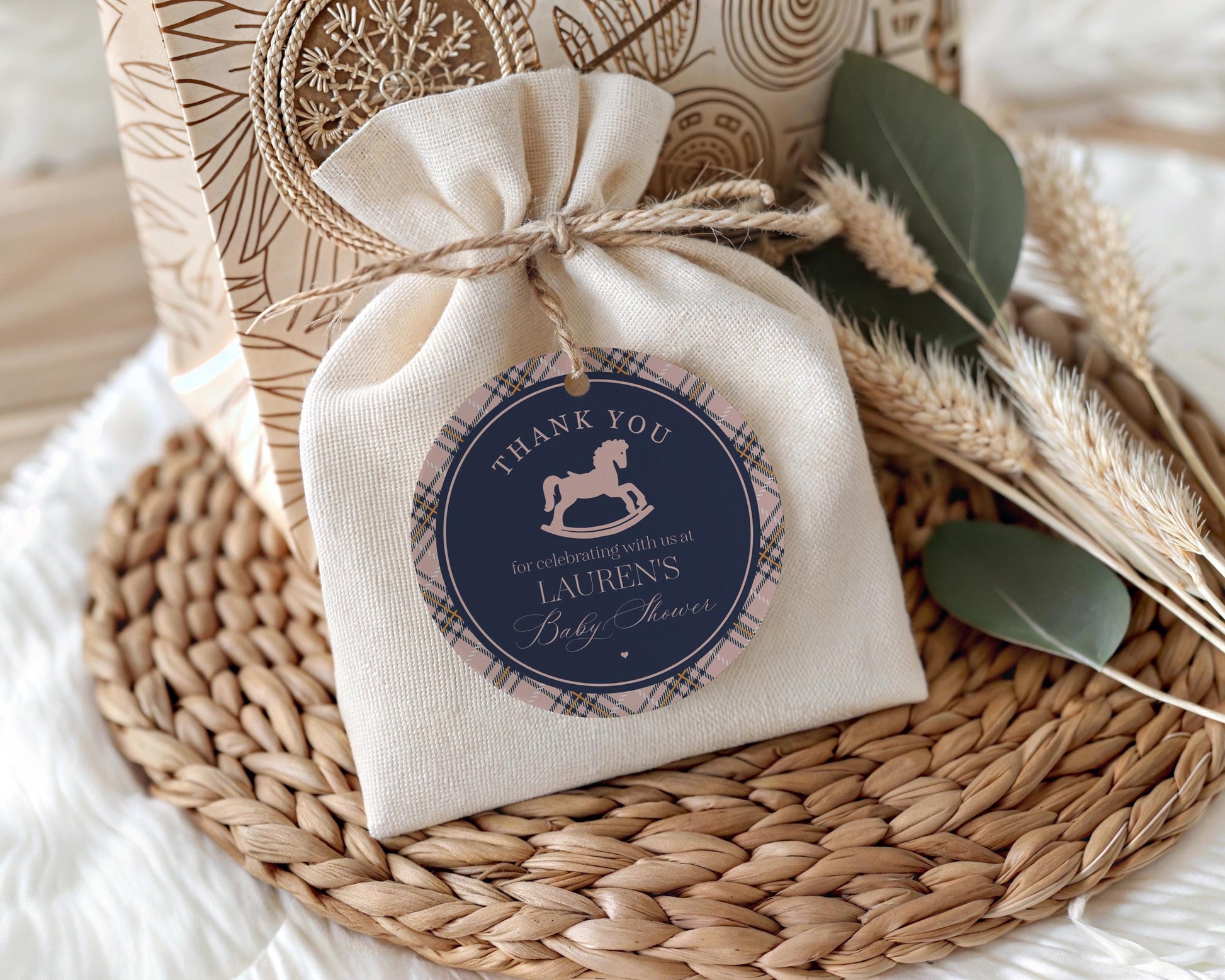 Classic Rocking Horse Baby Shower Favor Tags Template, Pink Tartan Plaid Baby Sprinkle, Old Money Style Brunch with Mom to Be WP1088