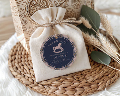 Classic Rocking Horse Baby Shower Favor Tags Template, Pink Tartan Plaid Baby Sprinkle, Old Money Style Brunch with Mom to Be WP1088